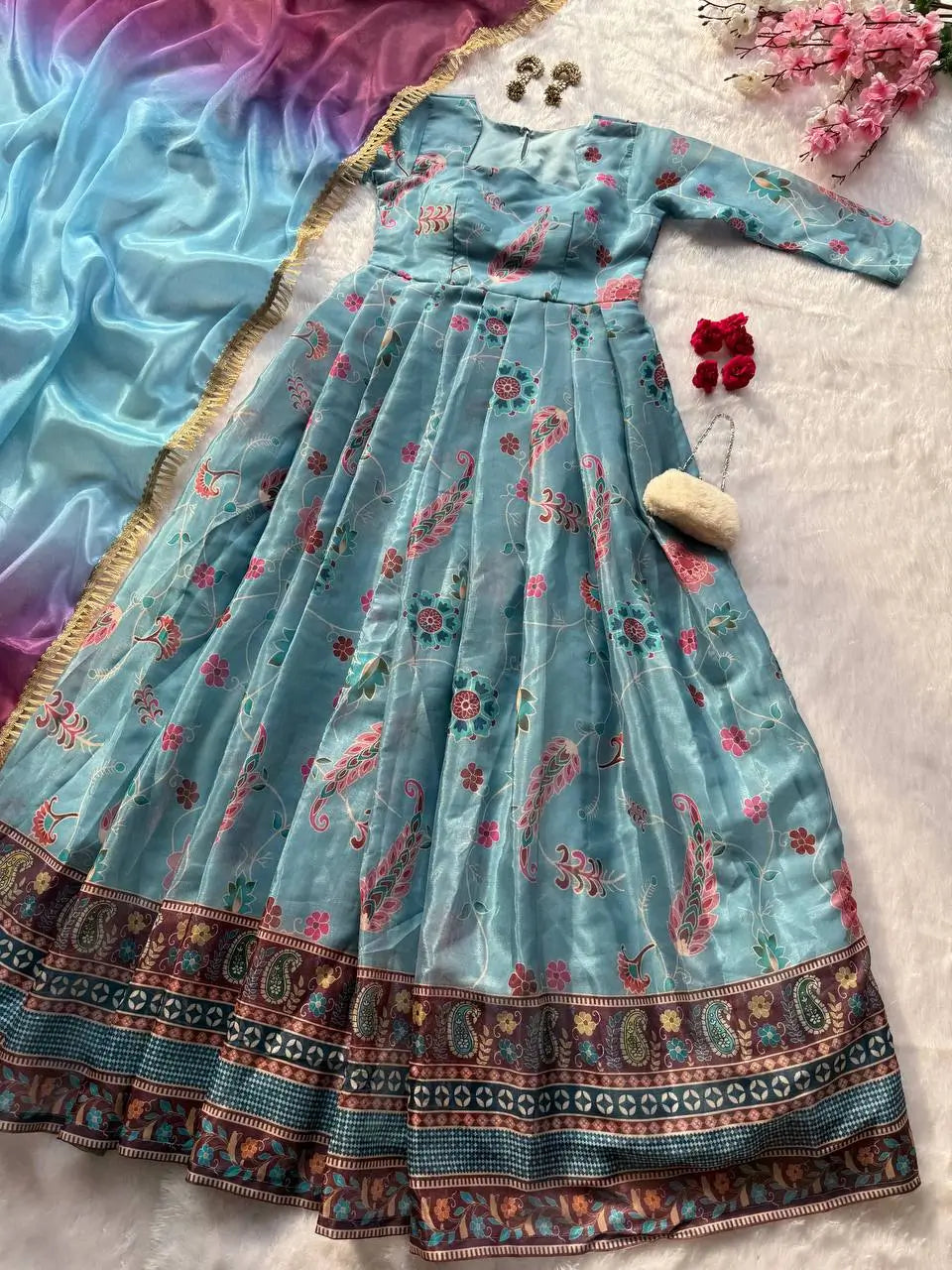 Organza Silk Digital Print Anarkali Gown with Dupatta