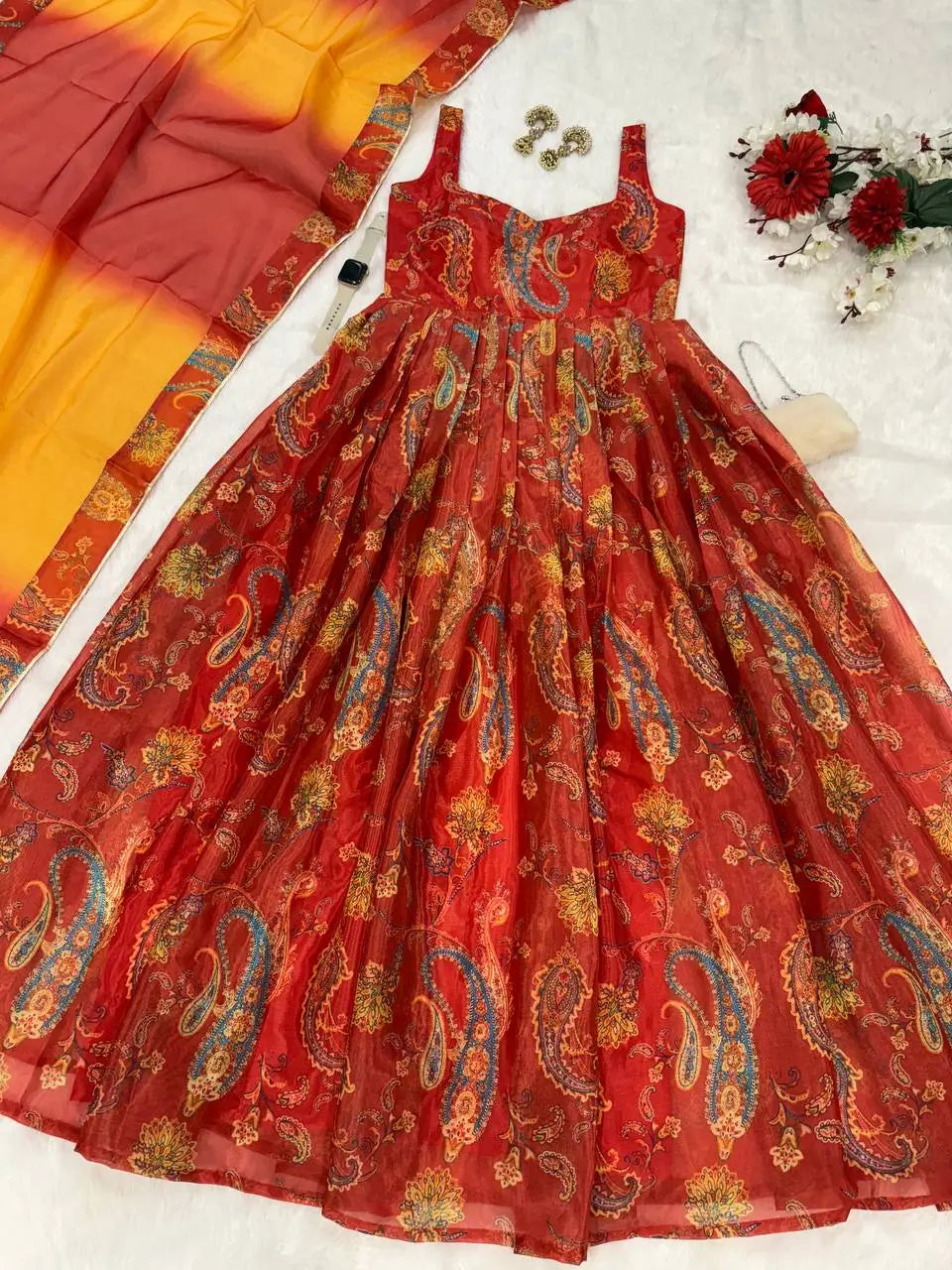 Organza Silk Digital Print Anarkali Gown with Dupatta