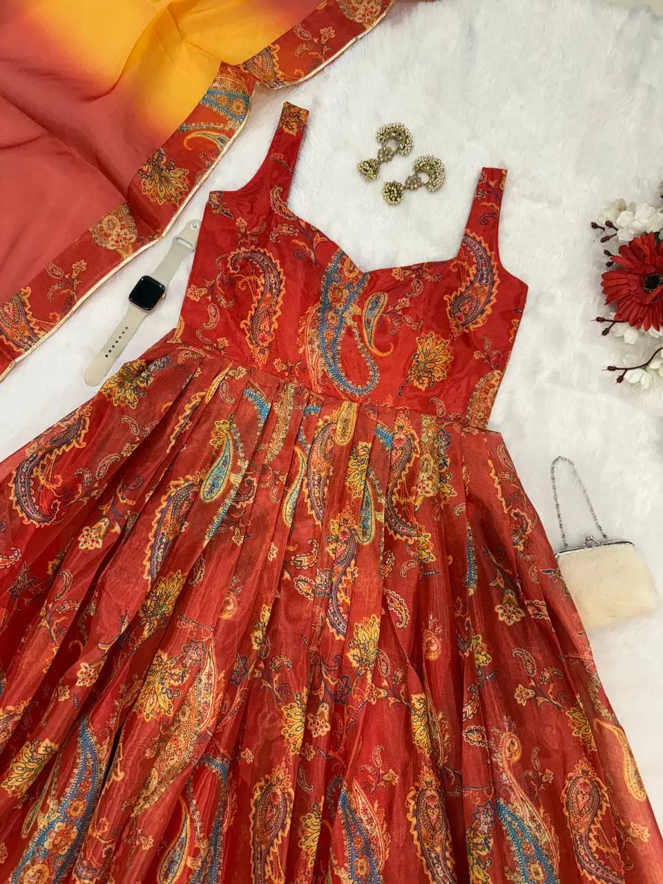 Organza Silk Digital Print Anarkali Gown with Dupatta