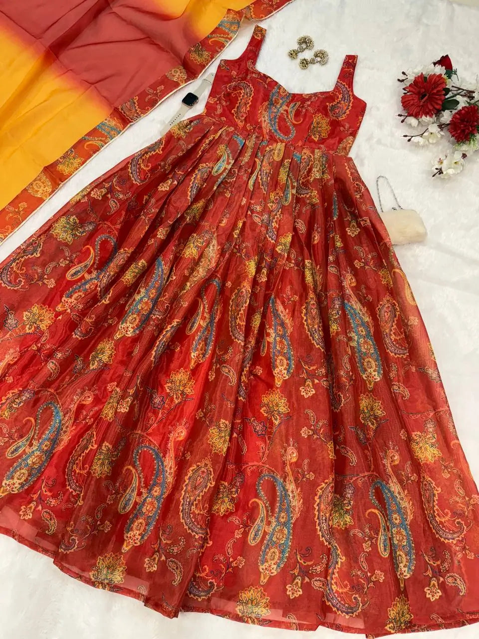 Organza Silk Digital Print Anarkali Gown with Dupatta
