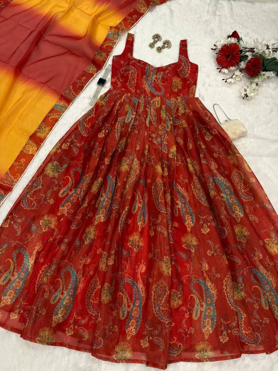 Organza Silk Digital Print Anarkali Gown with Dupatta