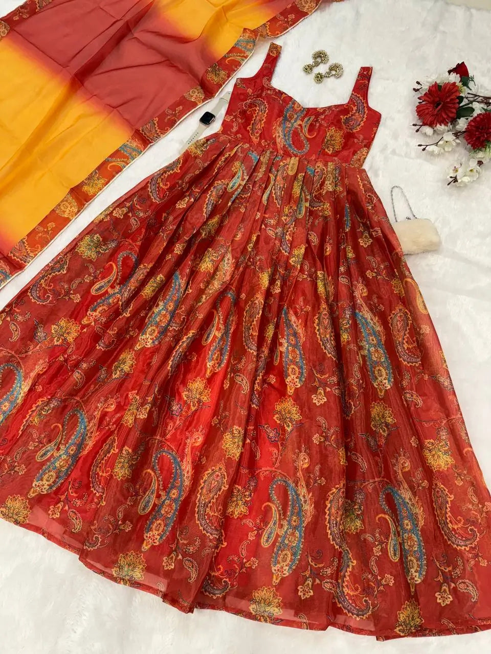 Organza Silk Digital Print Anarkali Gown with Dupatta