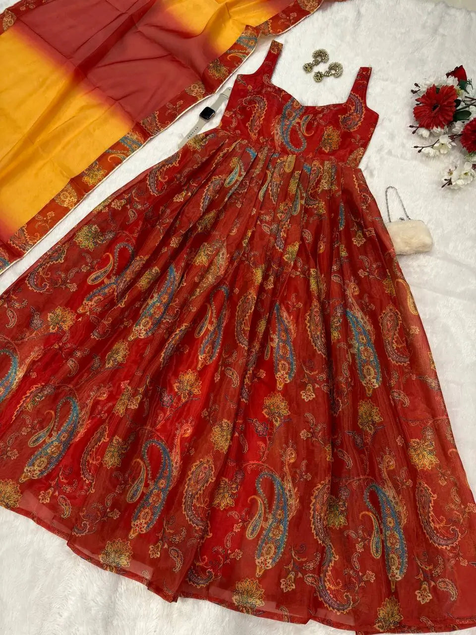 Organza Silk Digital Print Anarkali Gown with Dupatta