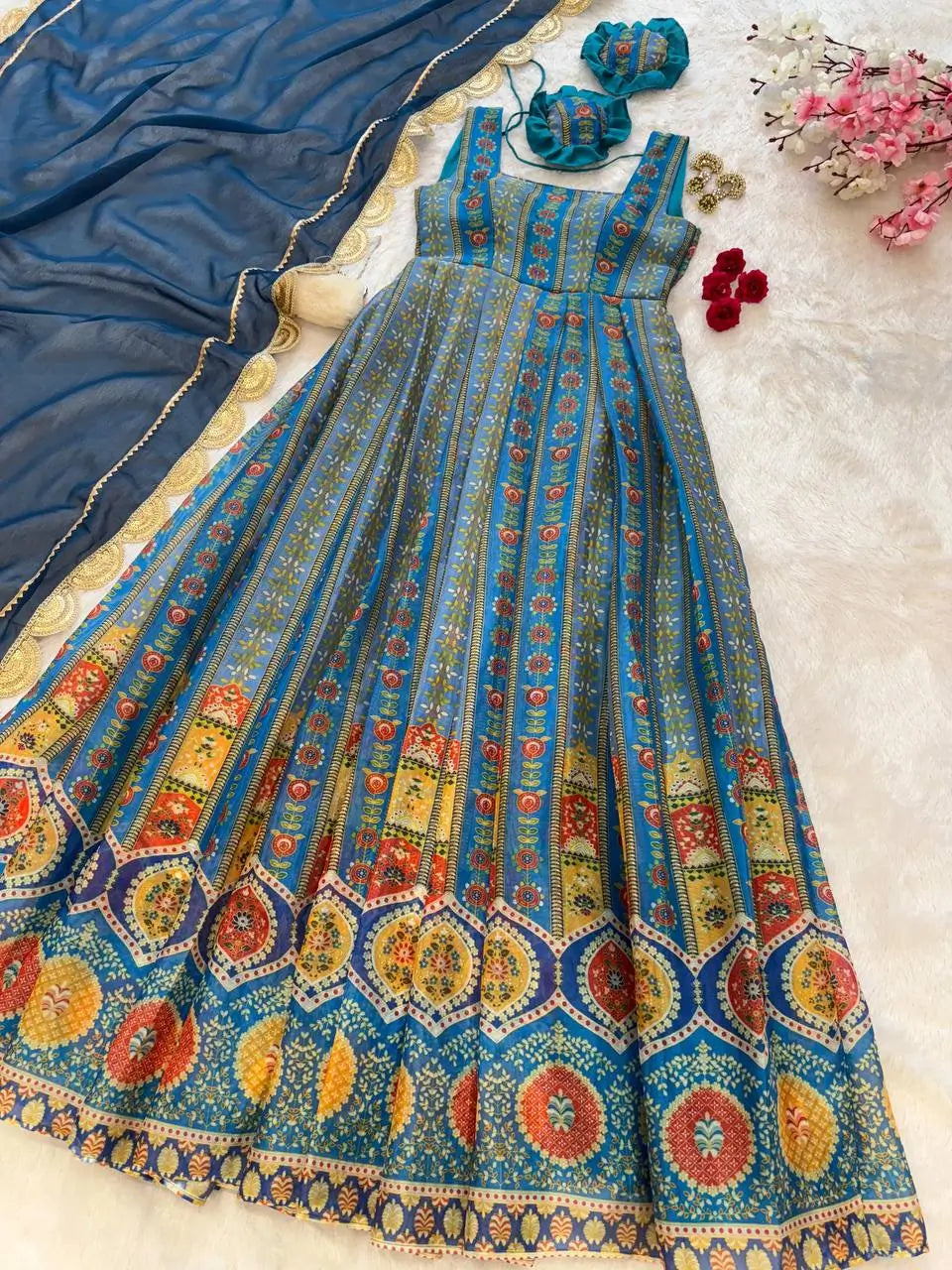 Organza Silk Digital Print Anarkali Gown with Dupatta