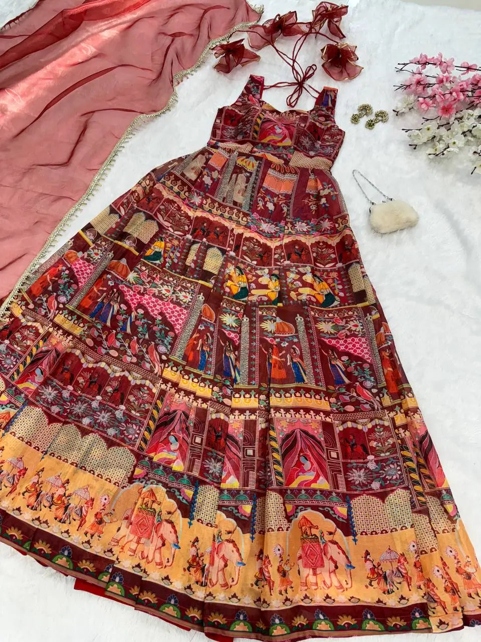 Organza Silk Digital Print Anarkali Gown with Dupatta