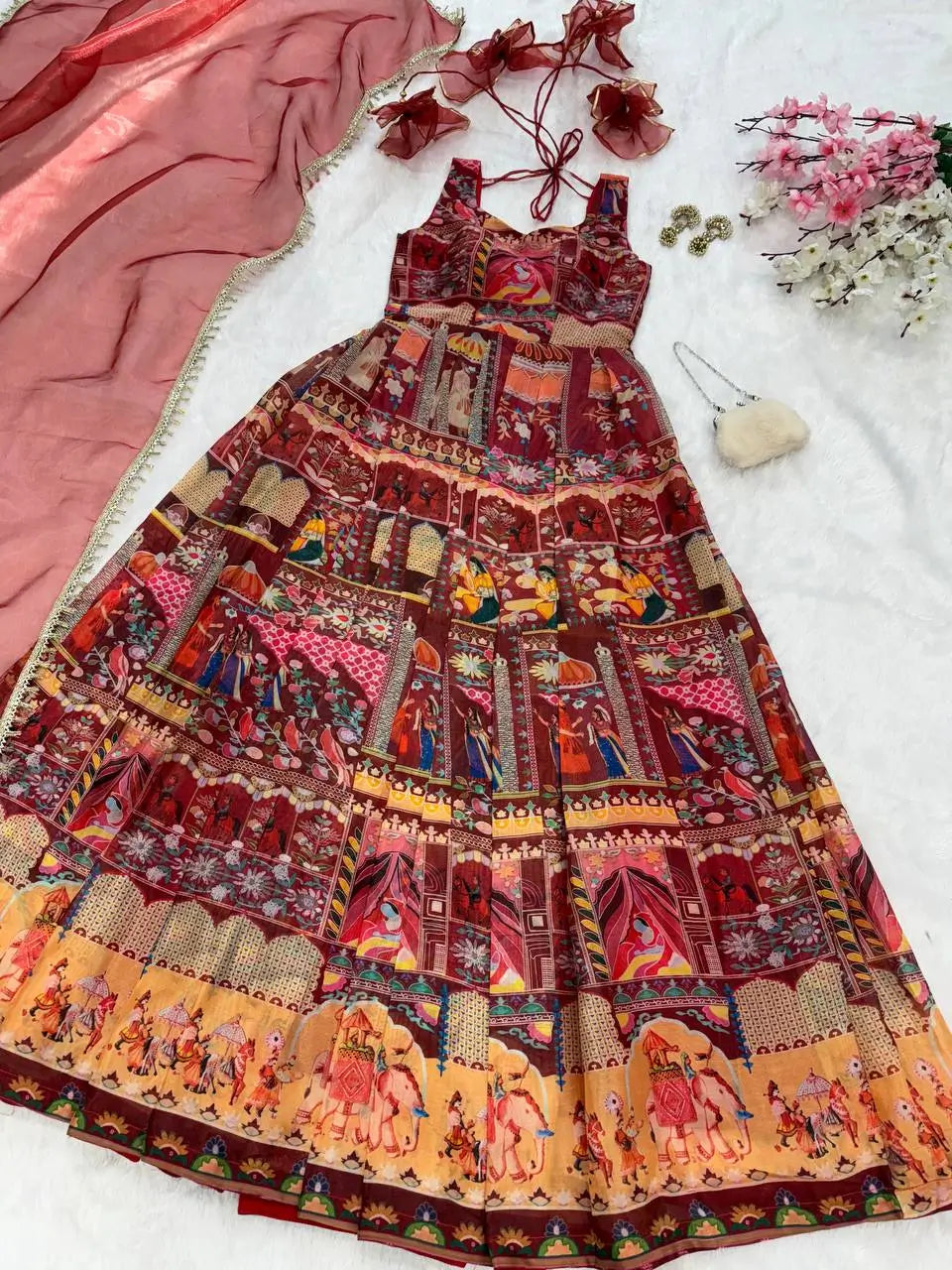 Organza Silk Digital Print Anarkali Gown with Dupatta