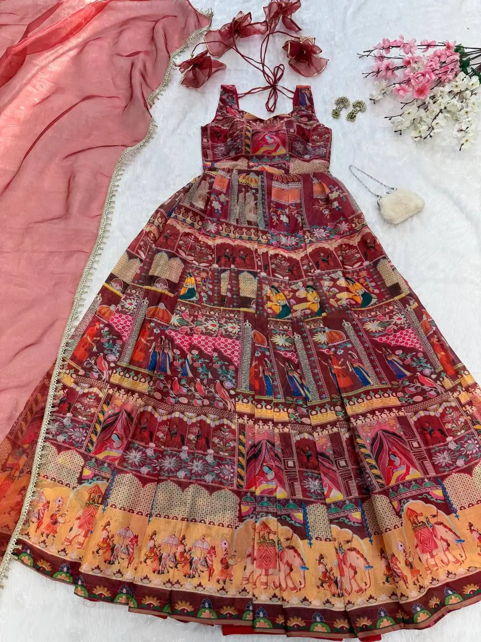 Organza Silk Digital Print Anarkali Gown with Dupatta