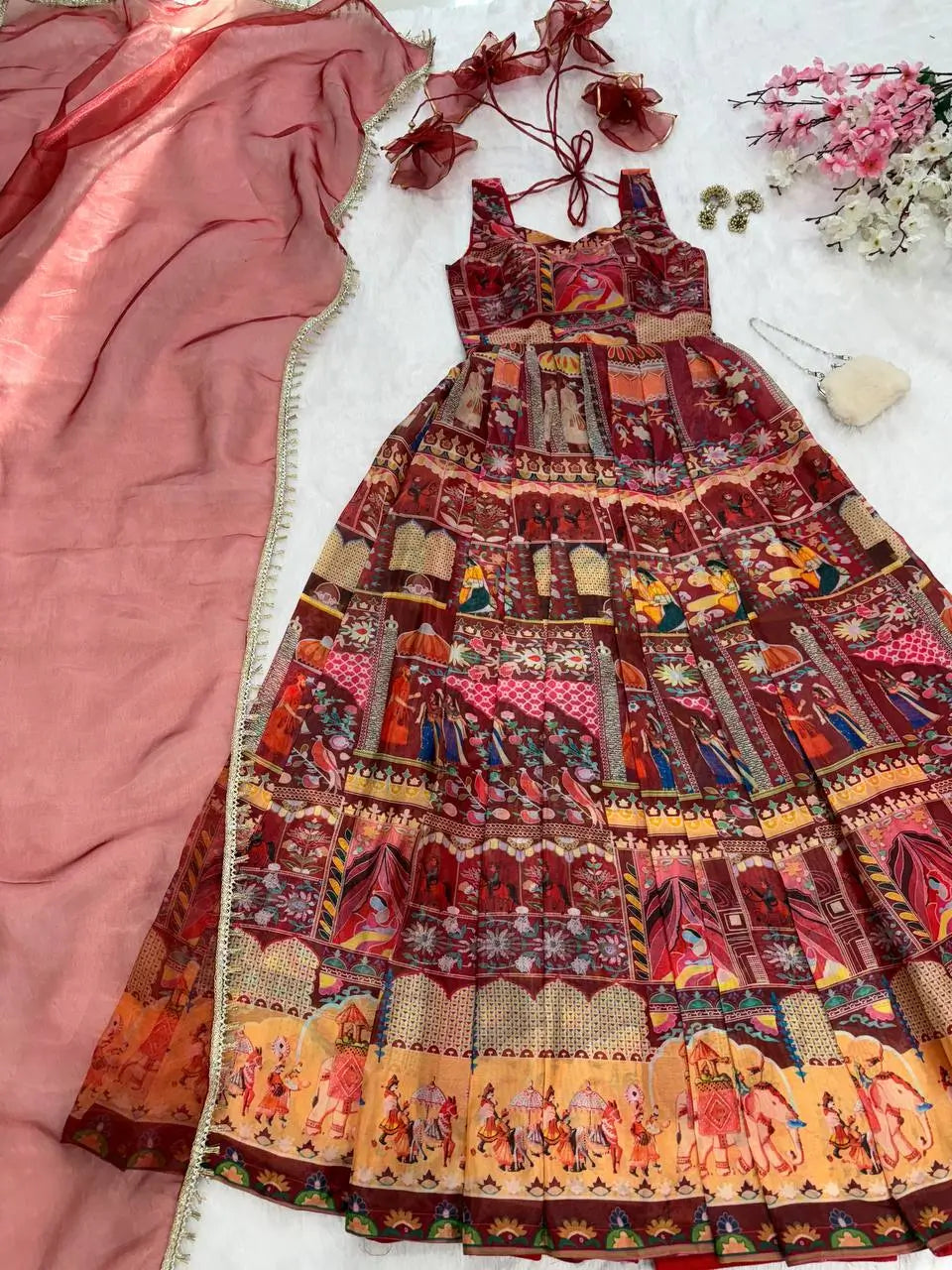 Organza Silk Digital Print Anarkali Gown with Dupatta
