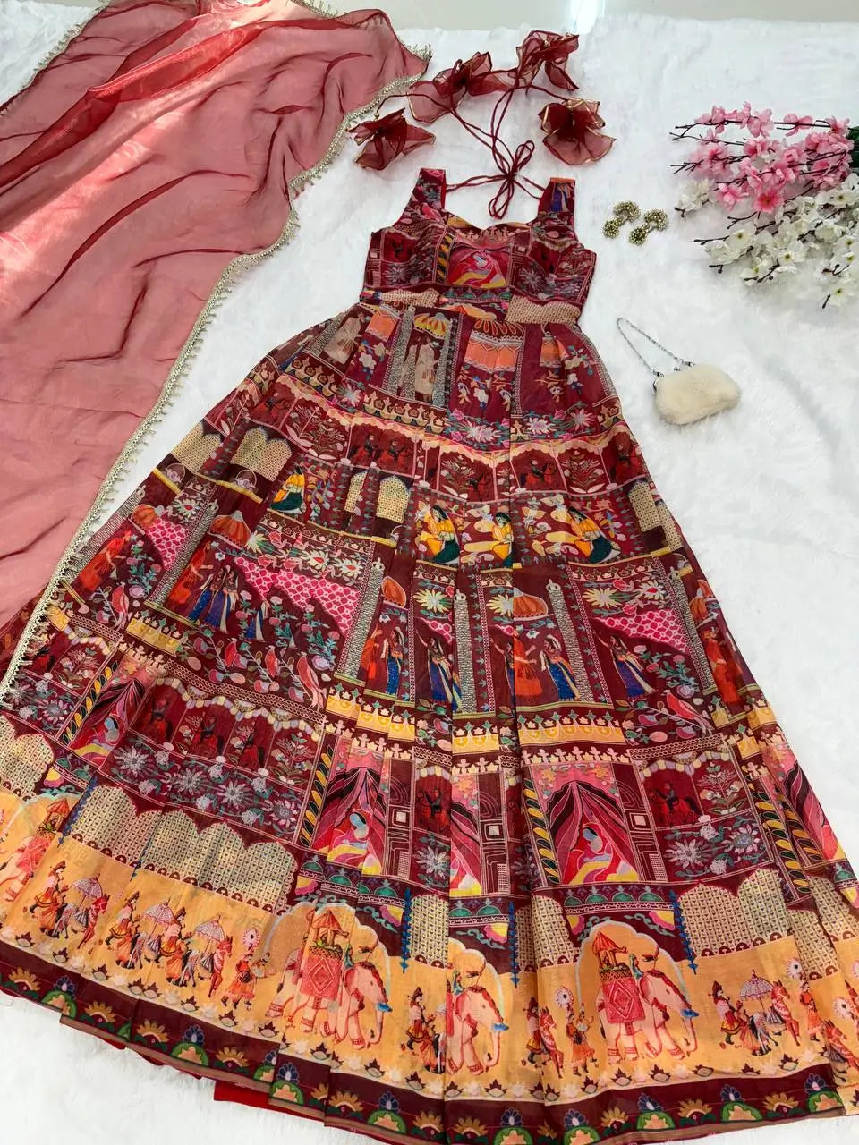 Organza Silk Digital Print Anarkali Gown with Dupatta