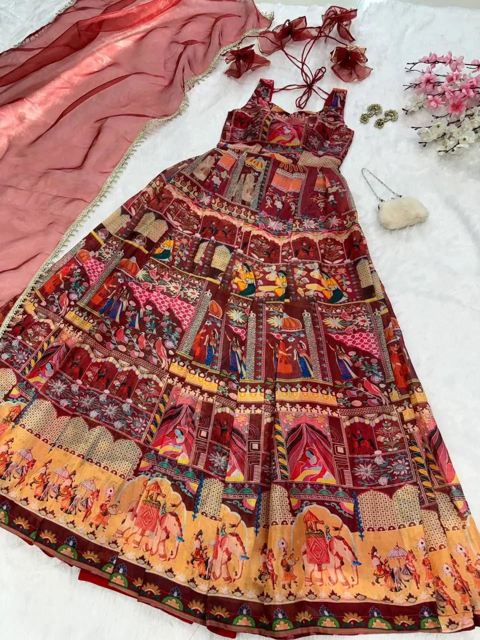 Organza Silk Digital Print Anarkali Gown with Dupatta