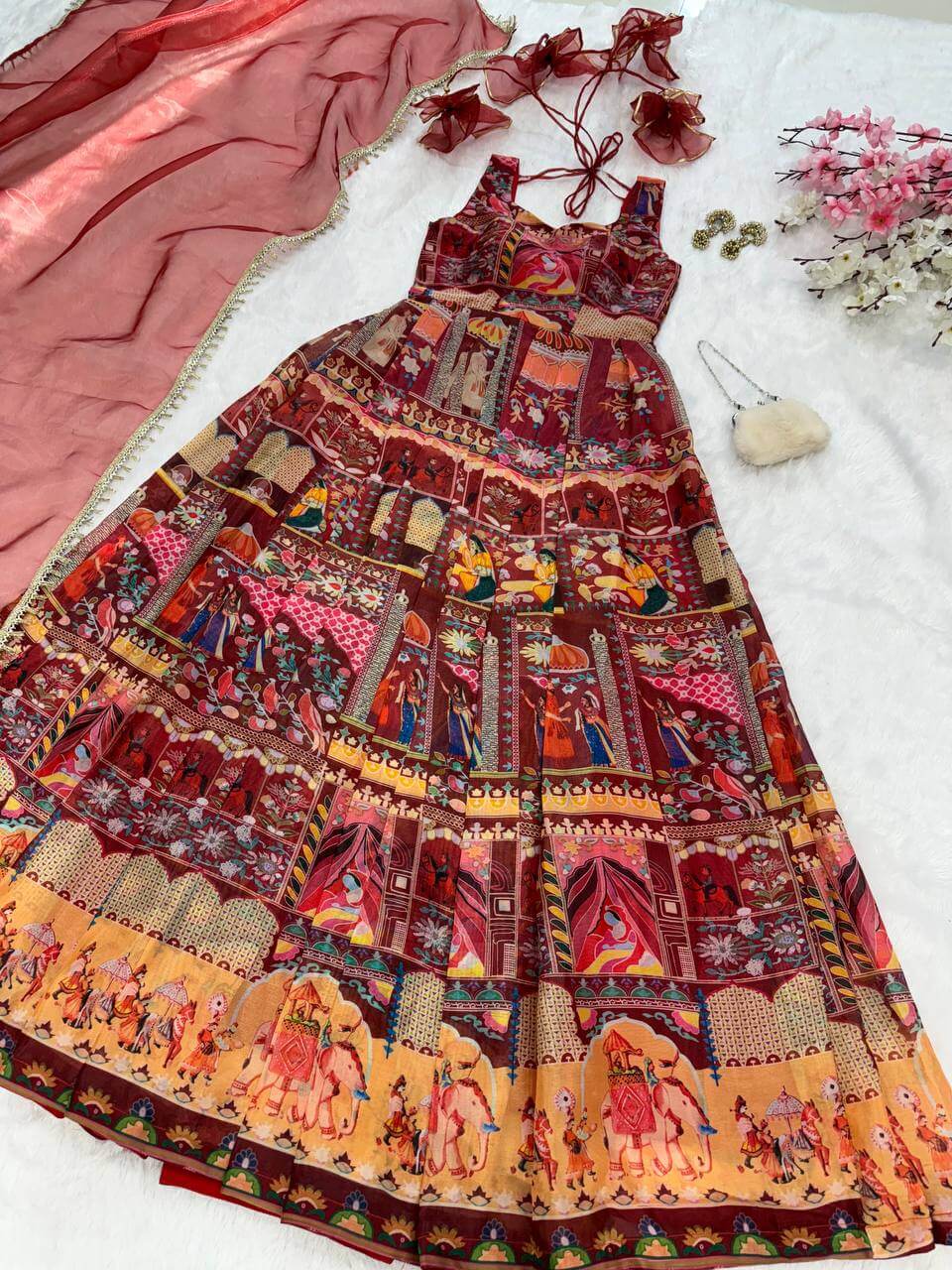 Organza Silk Digital Print Anarkali Gown with Dupatta