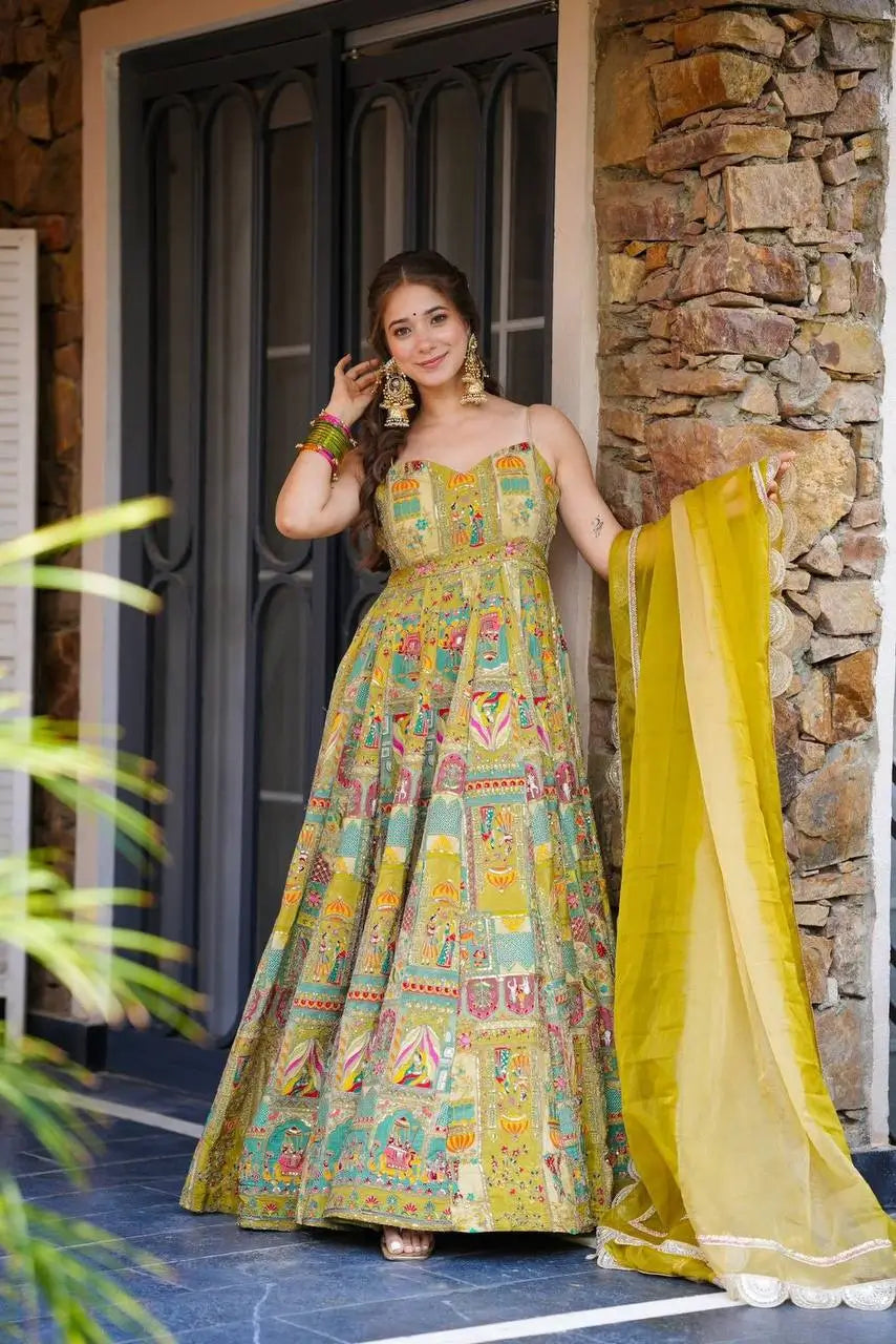 Organza Silk Digital Print Anarkali Gown with Dupatta