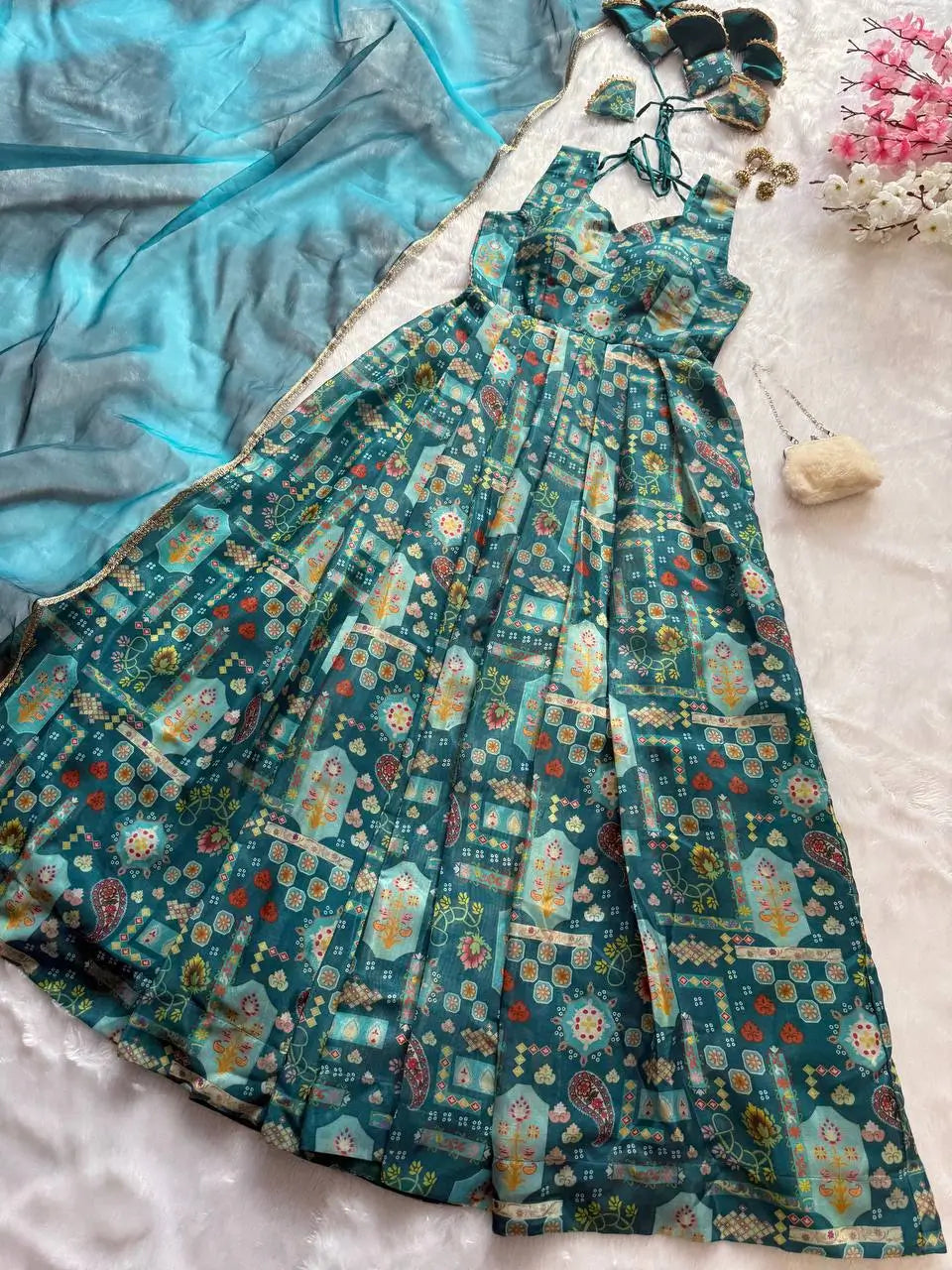 Organza Silk Digital Print Anarkali Gown with Dupatta