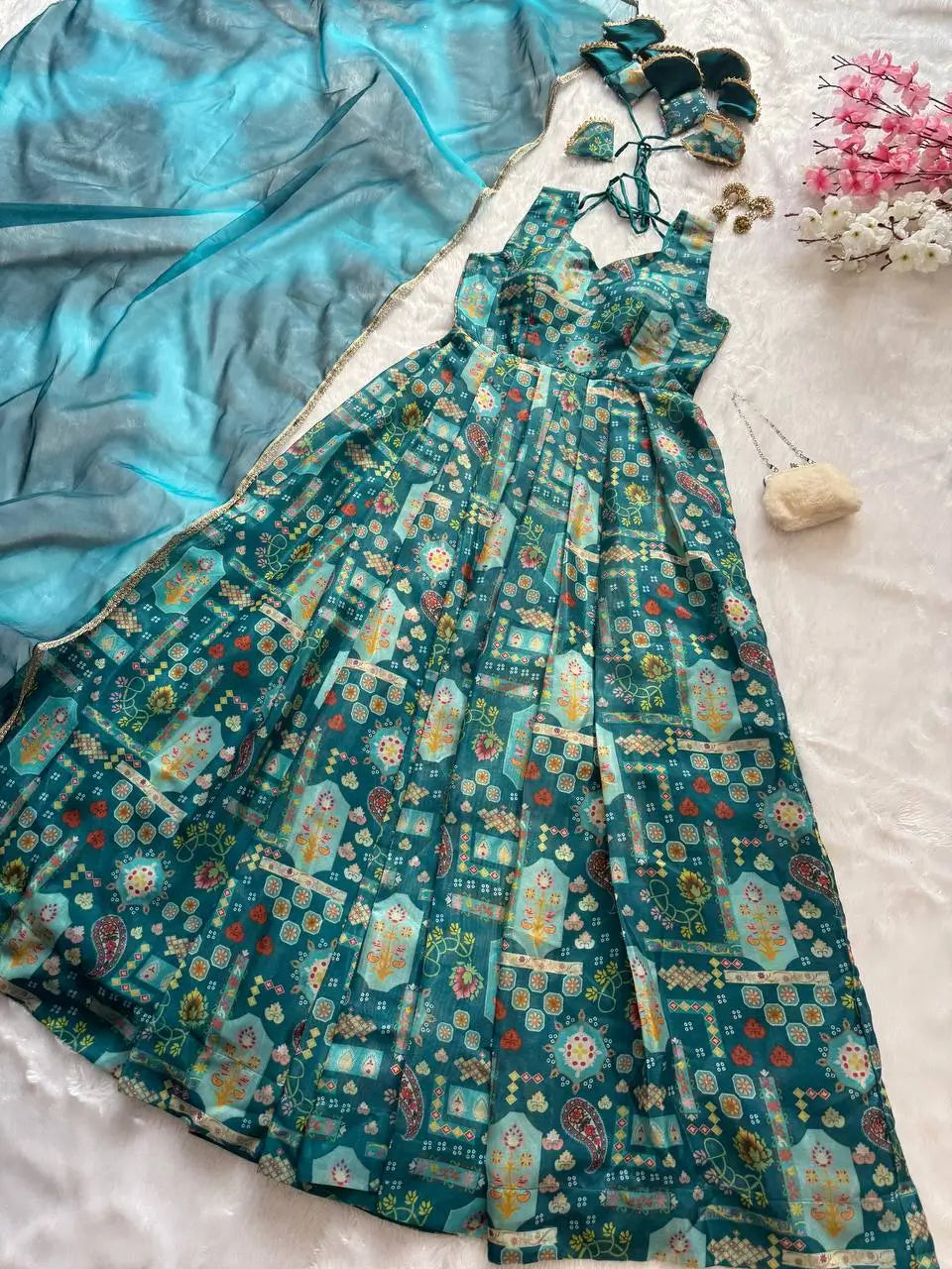 Organza Silk Digital Print Anarkali Gown with Dupatta