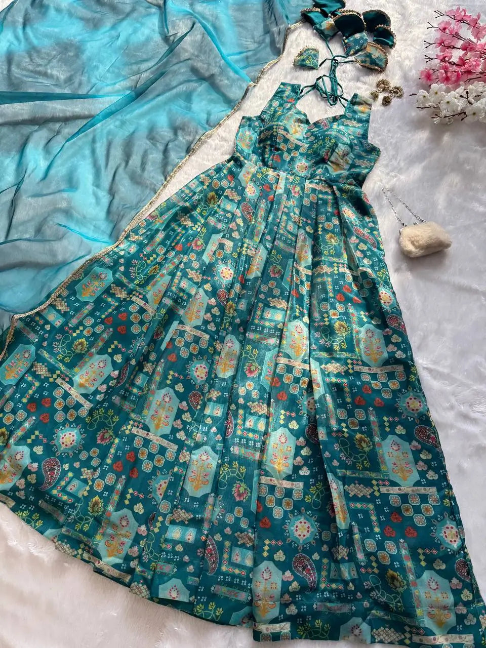 Organza Silk Digital Print Anarkali Gown with Dupatta