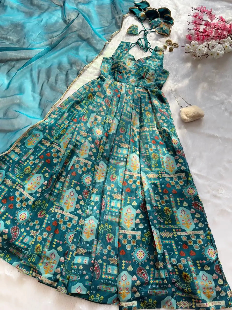 Organza Silk Digital Print Anarkali Gown with Dupatta