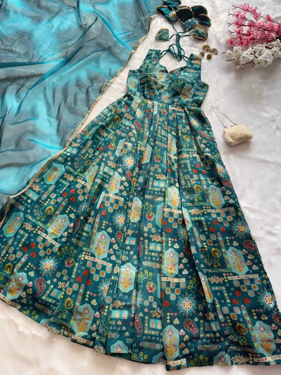 Organza Silk Digital Print Anarkali Gown with Dupatta