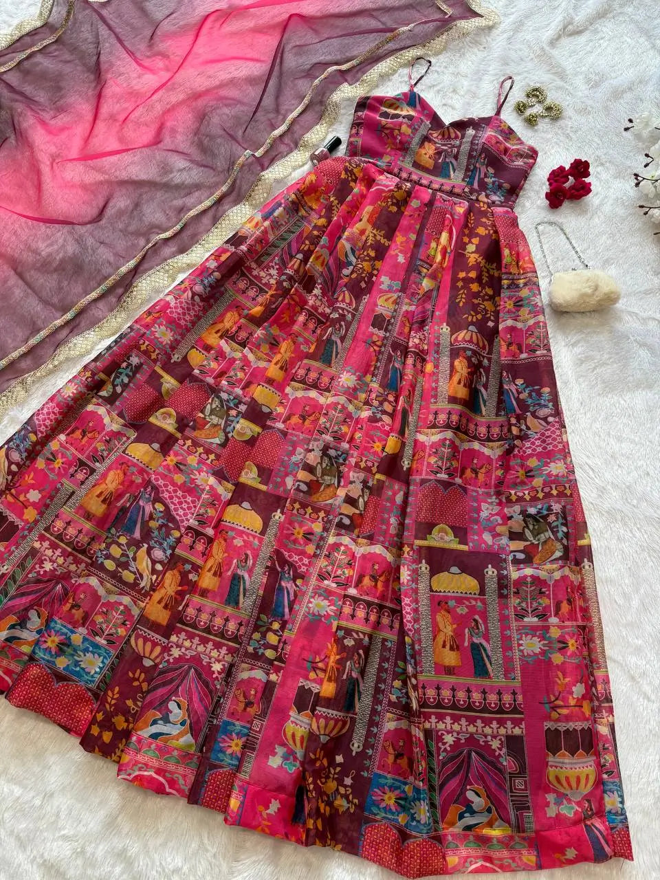 Organza Silk Digital Print Anarkali Gown with Dupatta