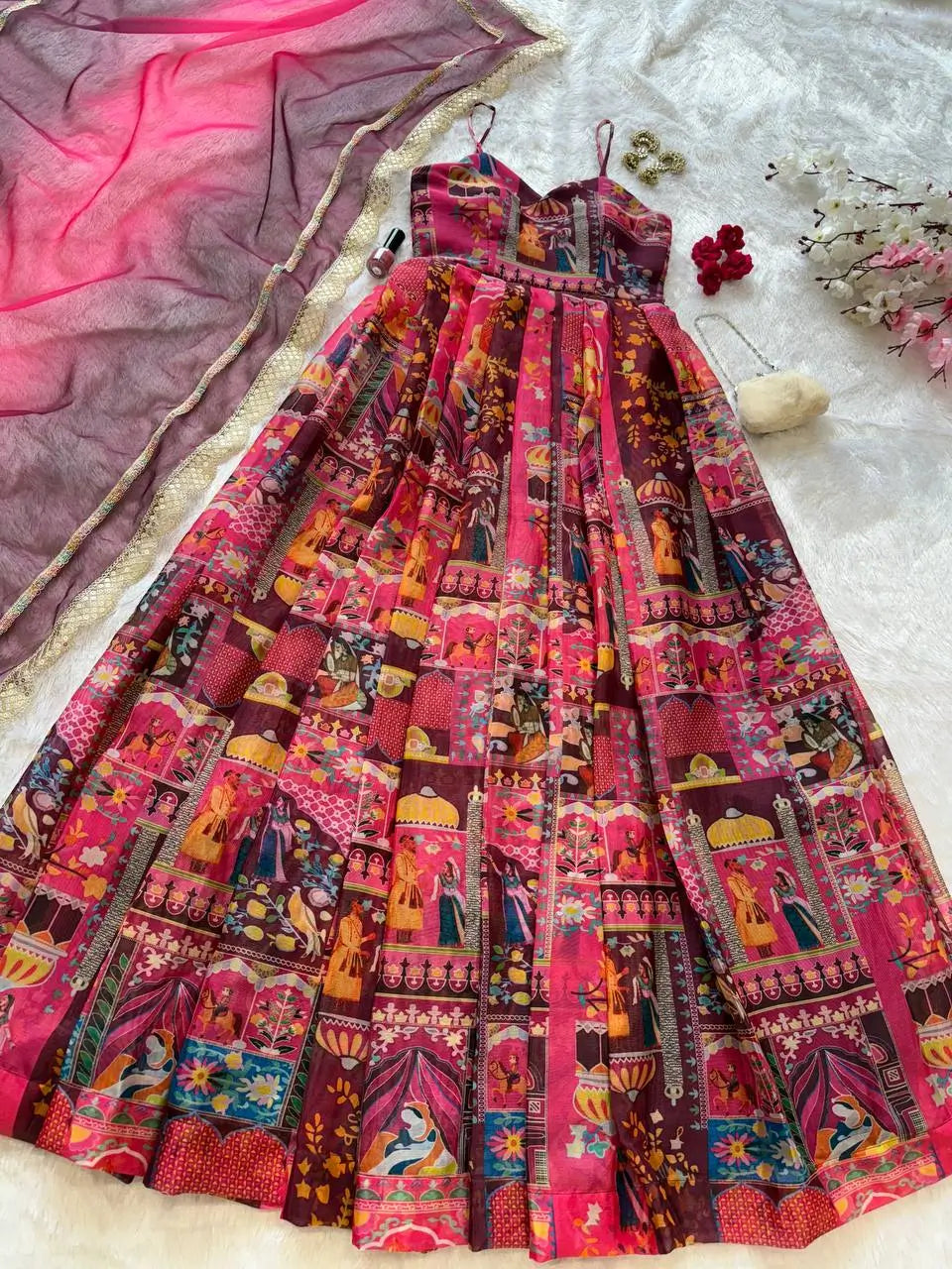 Organza Silk Digital Print Anarkali Gown with Dupatta