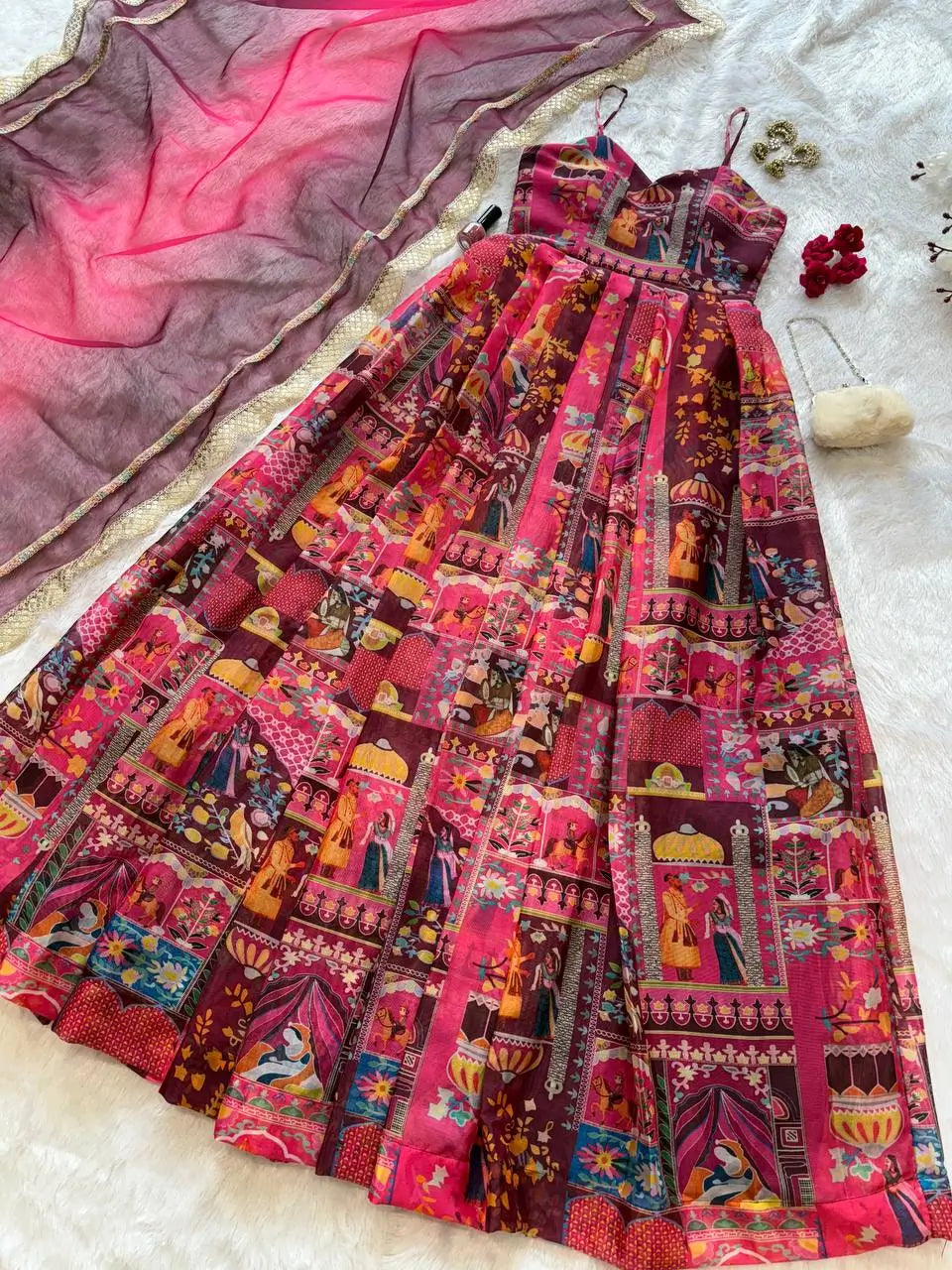 Organza Silk Digital Print Anarkali Gown with Dupatta