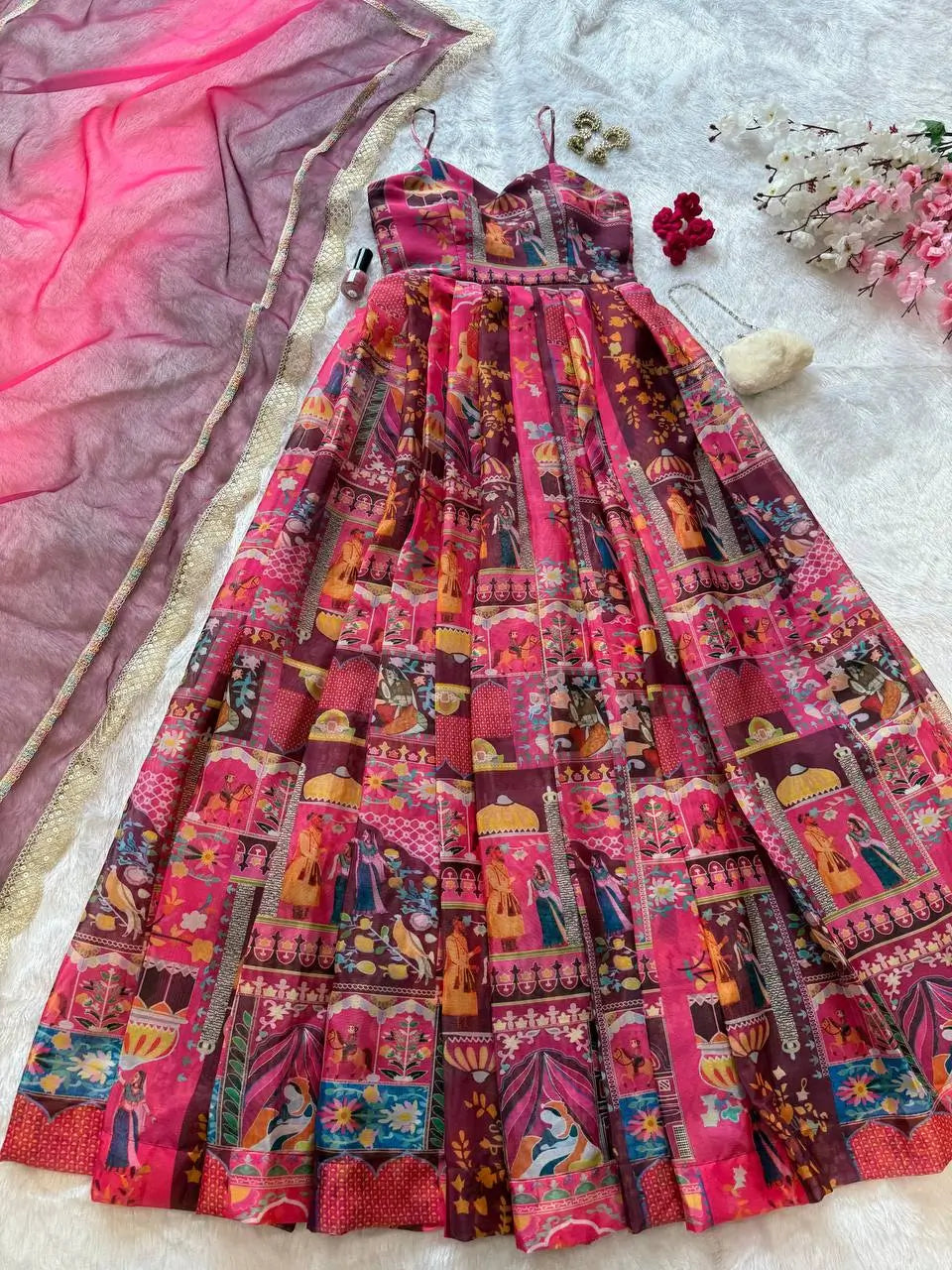 Organza Silk Digital Print Anarkali Gown with Dupatta