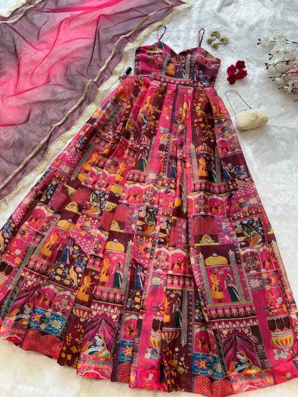 Organza Silk Digital Print Anarkali Gown with Dupatta