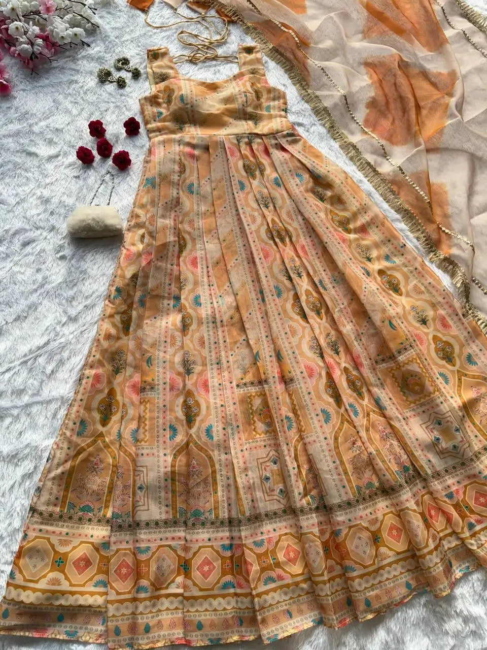 Organza Silk Digital Print Anarkali Gown with Dupatta