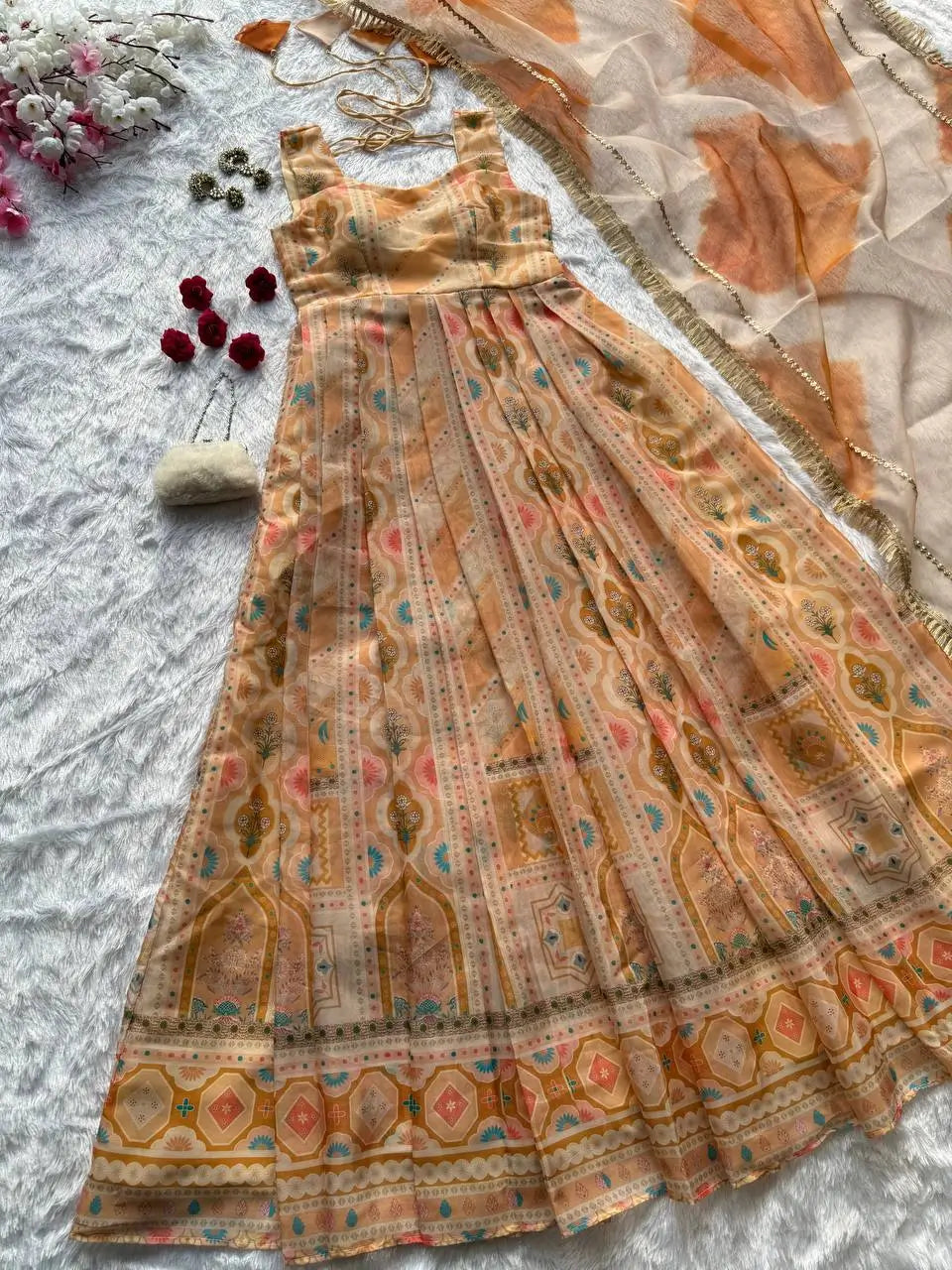 Organza Silk Digital Print Anarkali Gown with Dupatta