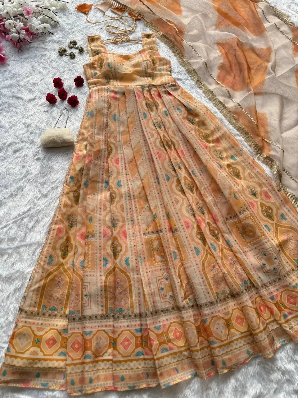 Organza Silk Digital Print Anarkali Gown with Dupatta