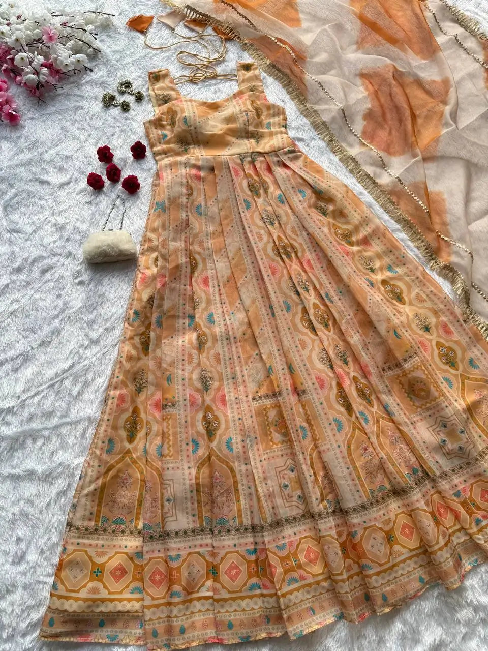 Organza Silk Digital Print Anarkali Gown with Dupatta