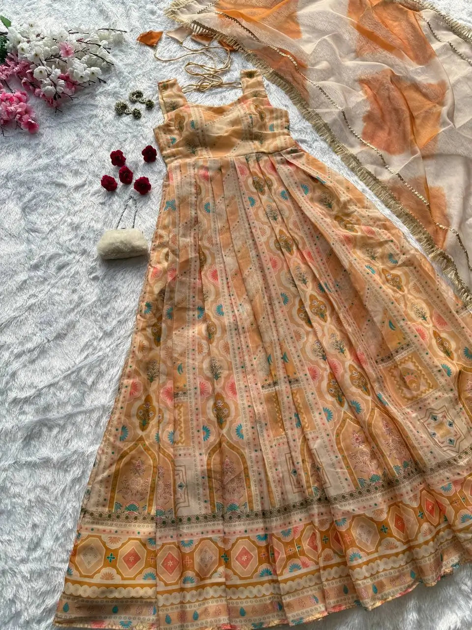 Organza Silk Digital Print Anarkali Gown with Dupatta