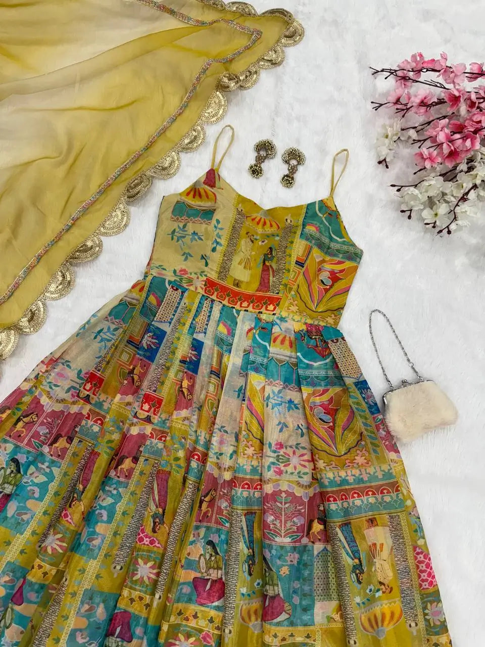 Organza Silk Digital Print Anarkali Gown with Dupatta