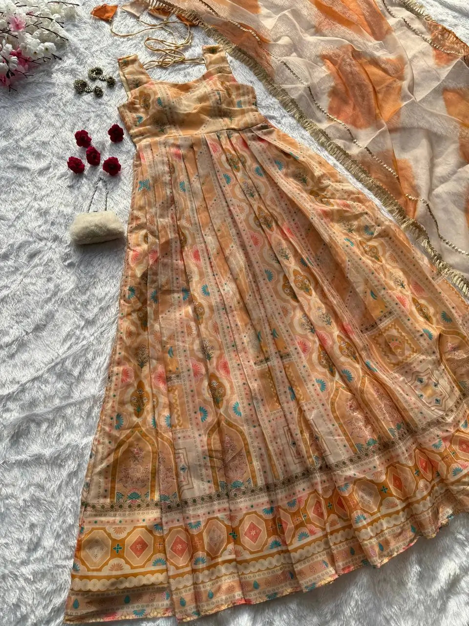 Organza Silk Digital Print Anarkali Gown with Dupatta