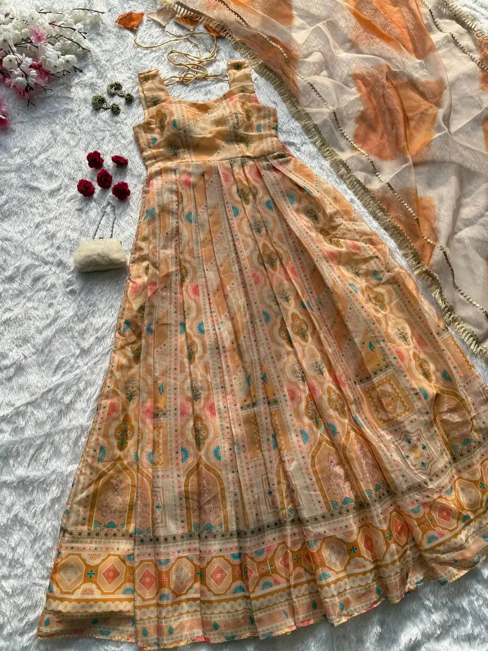 Organza Silk Digital Print Anarkali Gown with Dupatta