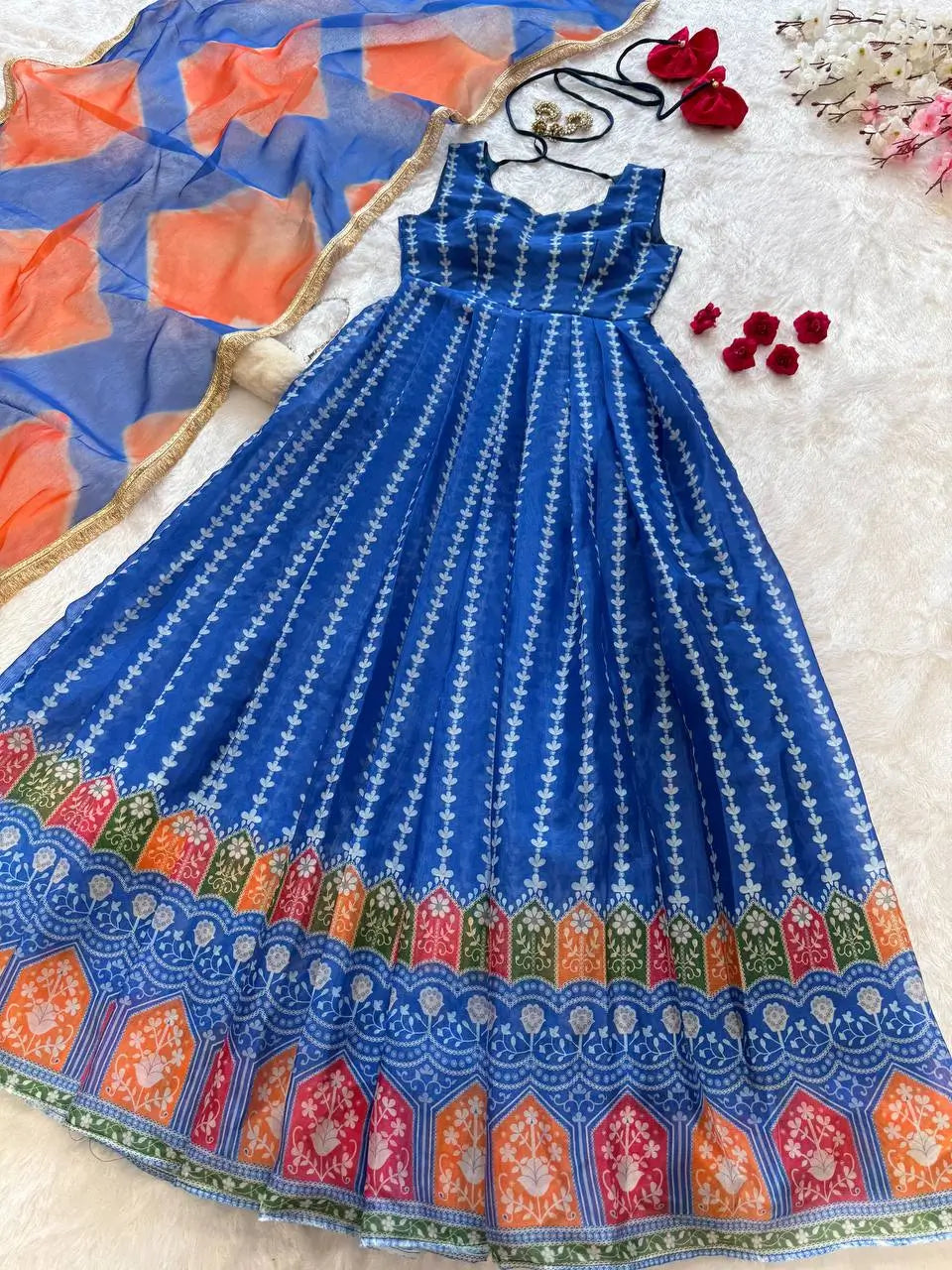 Organza Silk Digital Print Anarkali Gown with Dupatta