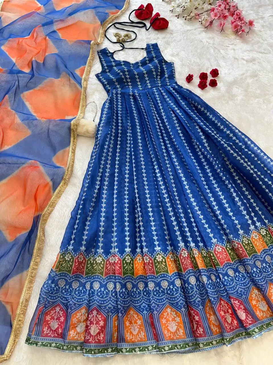 Organza Silk Digital Print Anarkali Gown with Dupatta