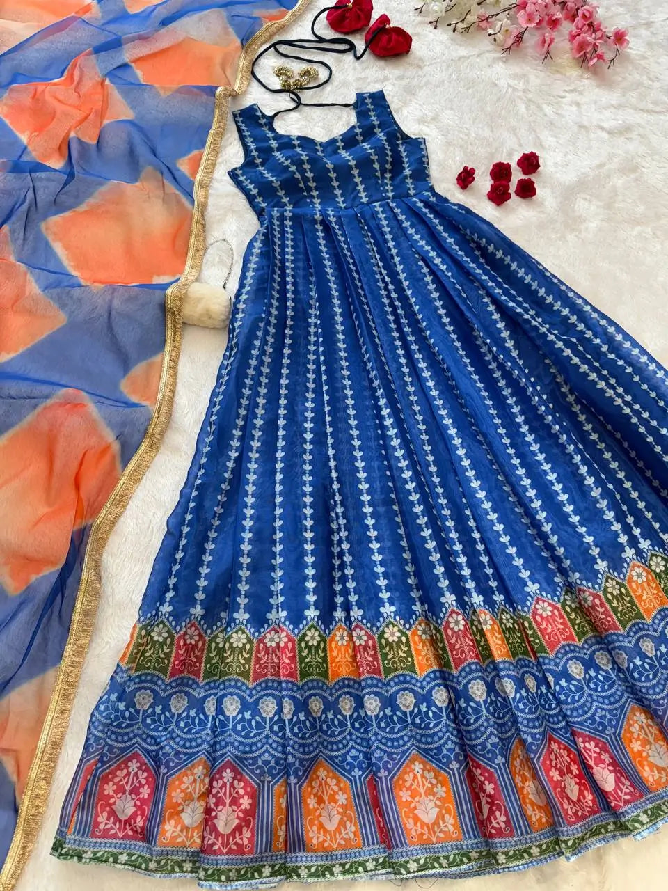 Organza Silk Digital Print Anarkali Gown with Dupatta