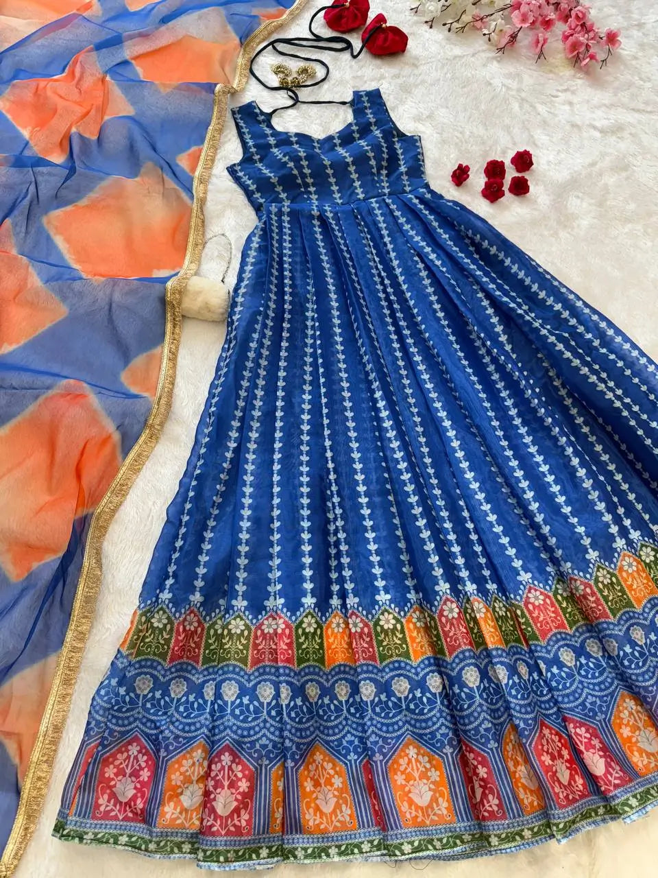 Organza Silk Digital Print Anarkali Gown with Dupatta