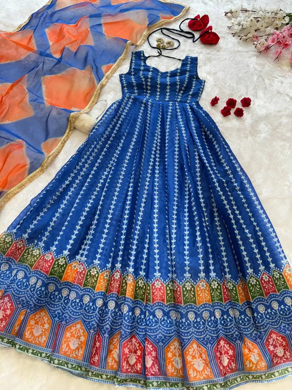 Organza Silk Digital Print Anarkali Gown with Dupatta