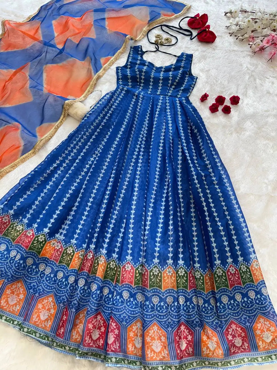 Organza Silk Digital Print Anarkali Gown with Dupatta
