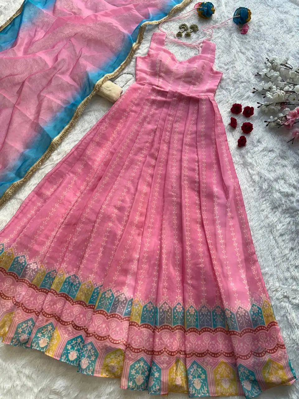 Organza Silk Digital Print Anarkali Gown with Dupatta