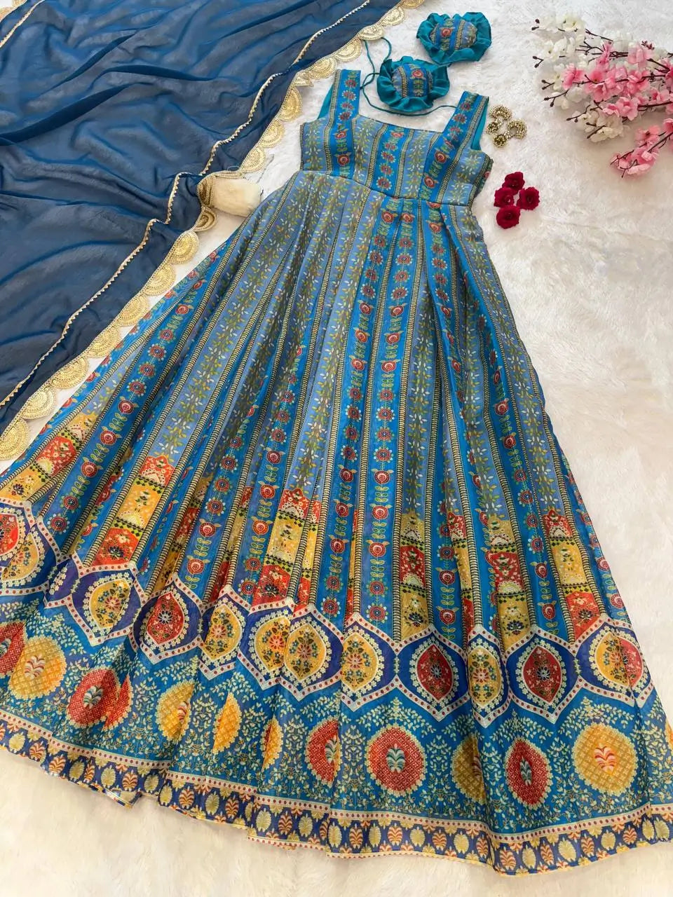 Organza Silk Digital Print Anarkali Gown with Dupatta