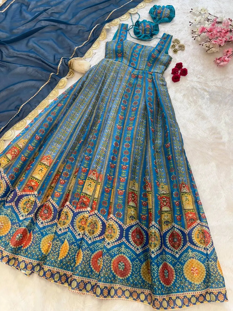 Organza Silk Digital Print Anarkali Gown with Dupatta