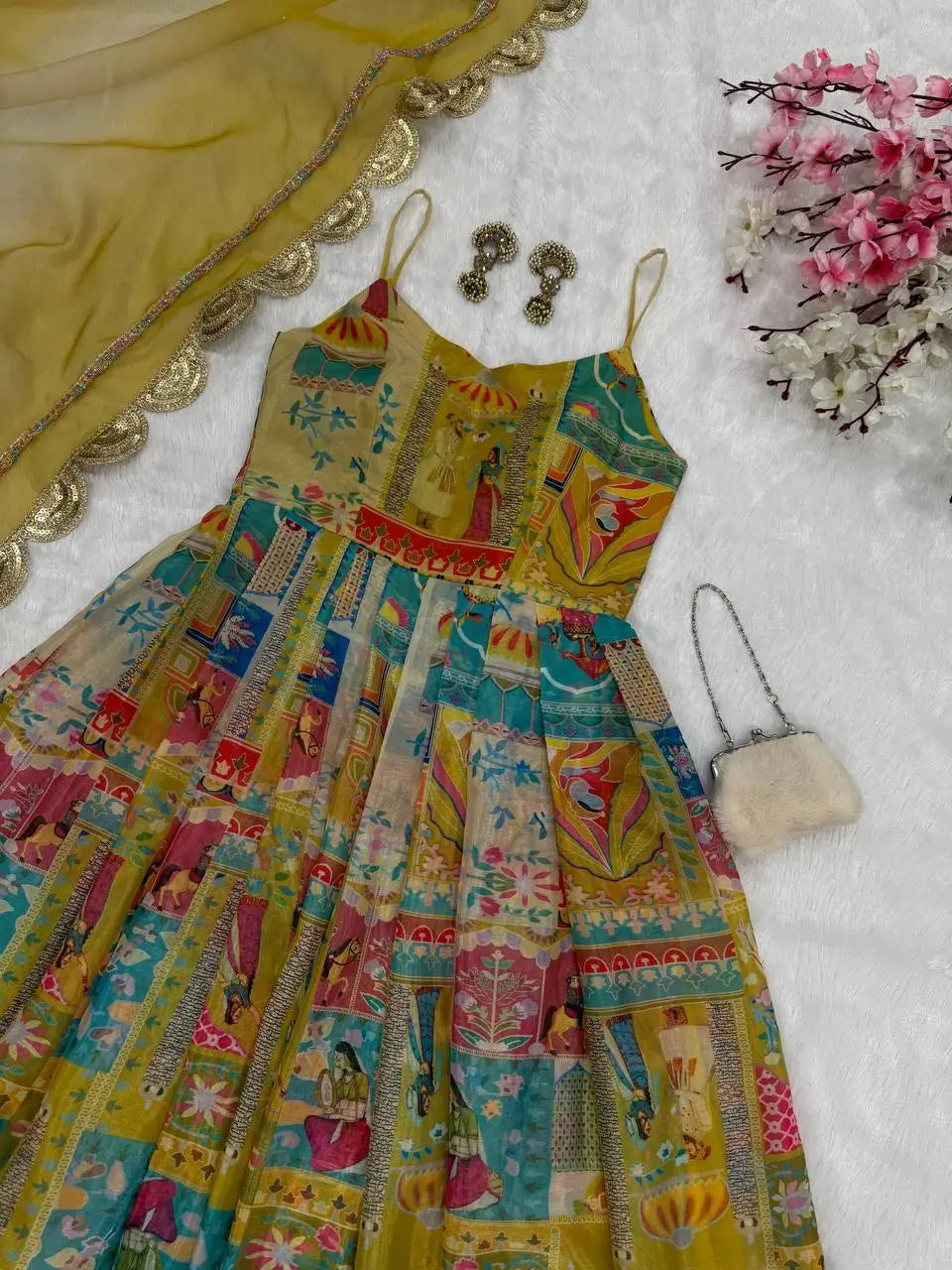 Organza Silk Digital Print Anarkali Gown with Dupatta