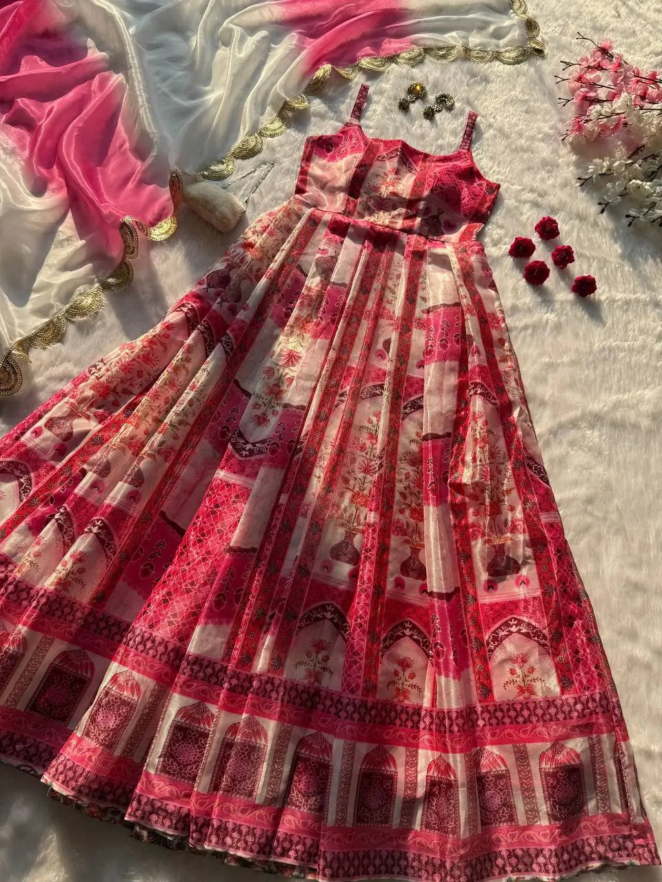 Organza Silk Digital Print Anarkali Gown with Dupatta