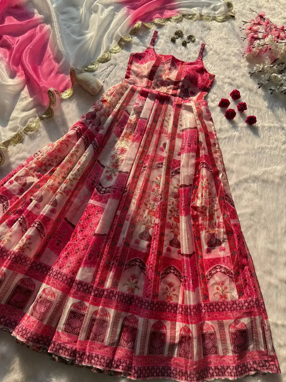Organza Silk Digital Print Anarkali Gown with Dupatta