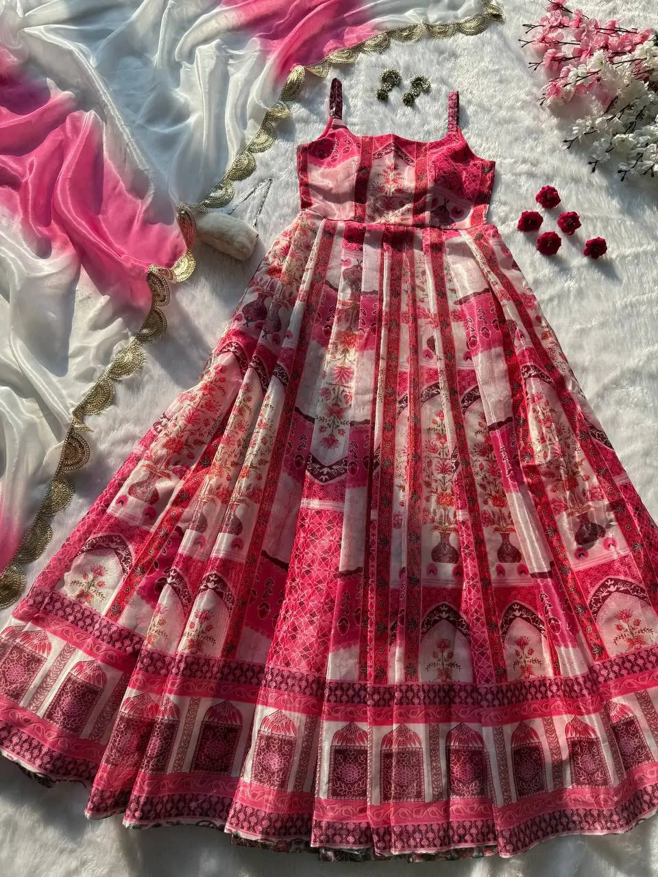 Organza Silk Digital Print Anarkali Gown with Dupatta