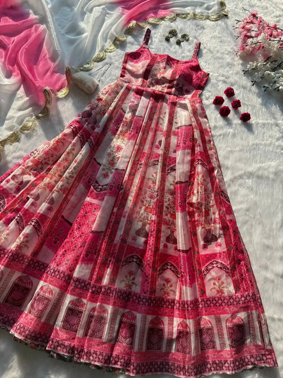Organza Silk Digital Print Anarkali Gown with Dupatta
