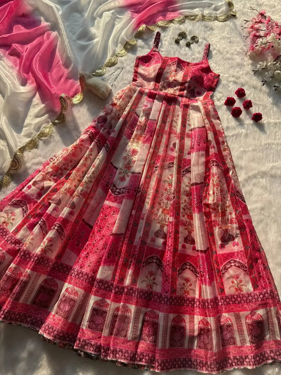 Organza Silk Digital Print Anarkali Gown with Dupatta