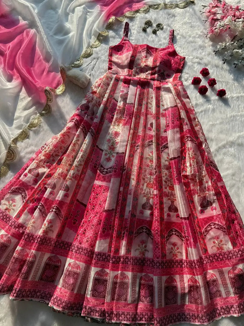 Organza Silk Digital Print Anarkali Gown with Dupatta